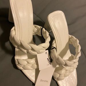 Zara White Braided Strap Block Heel Sandals